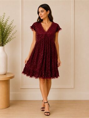 MNK Burgundy Sequin Babydoll Mini Dress | Women’s Size L | Party & Holiday Dress